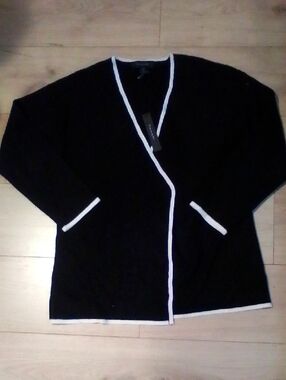 Black V-Neck Cardigan with White Trim - Women's Sweater